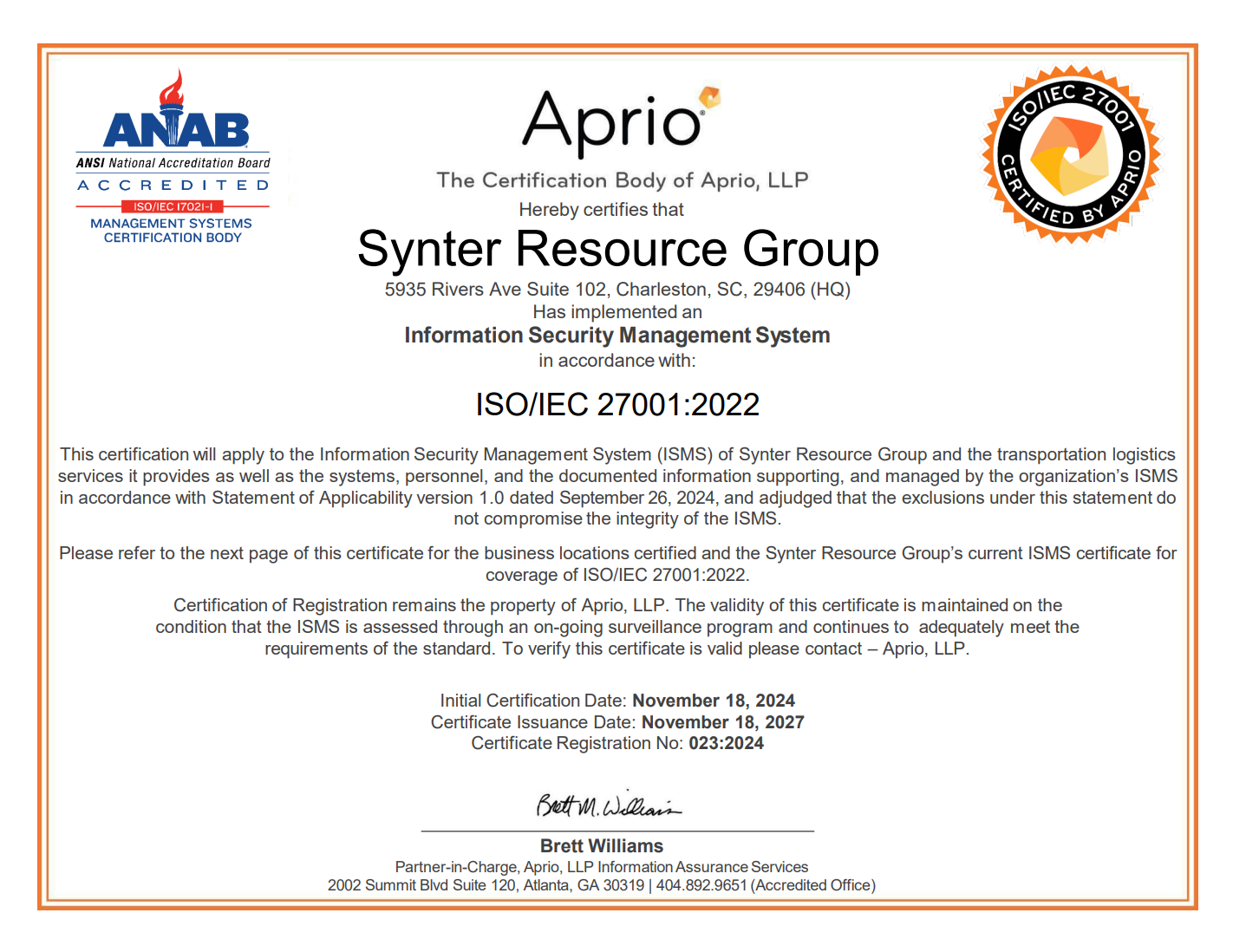 ISO/IEC 27001:2022 Certificate