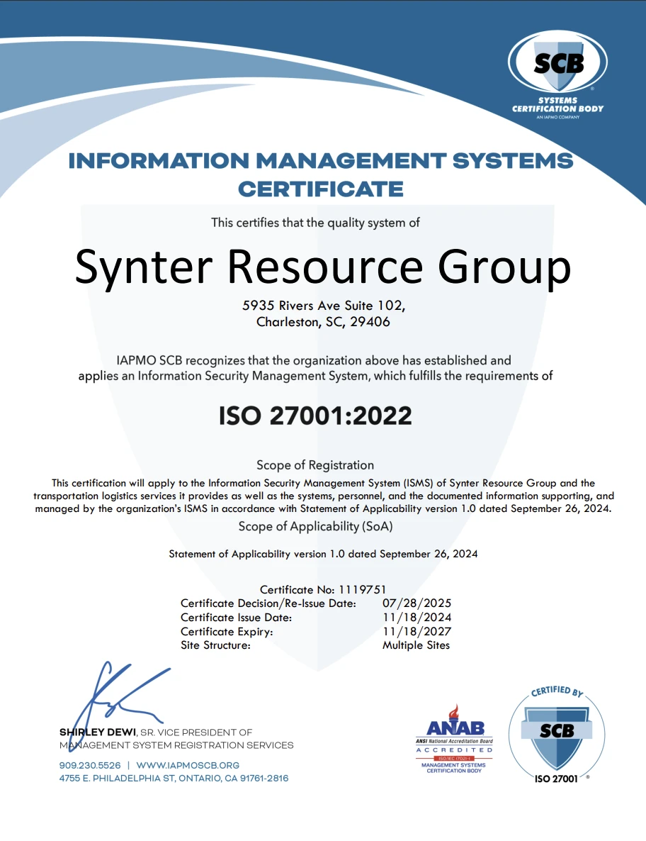 Synter Resource Group ISO/IEC 27001:2022 Certificate