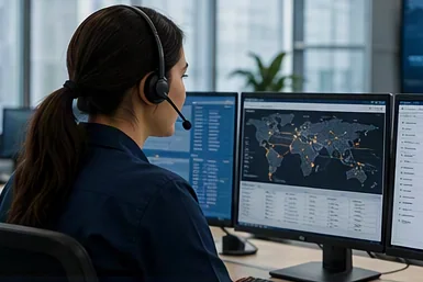 Logistics operations workspace with shipment monitoring screens and transportation displays