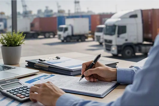 Logistics revenue management workspace with financial documents and freight transportation in the background