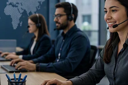 Customer support workspace with computer stations and headsets